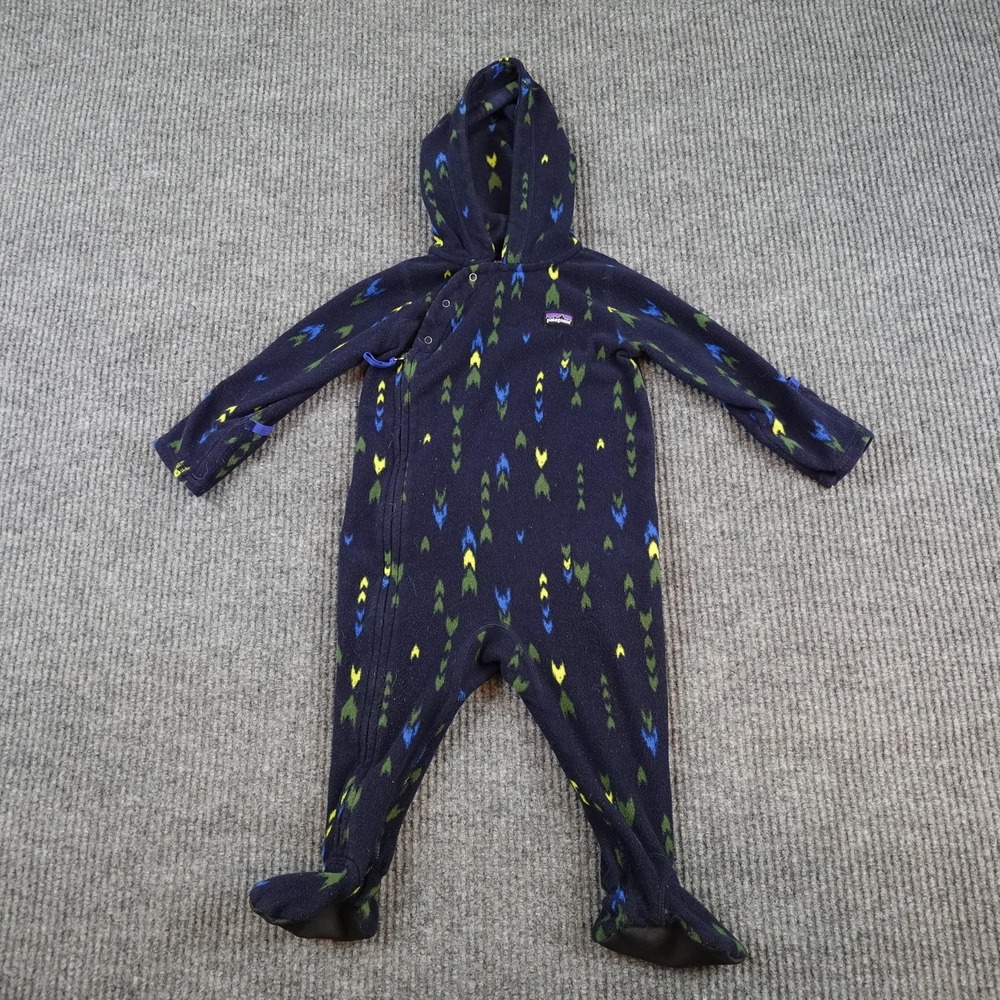 Patagonia Synchilla Fleece Bunting Snowsuit Baby 6-12M Blue Hooded Print